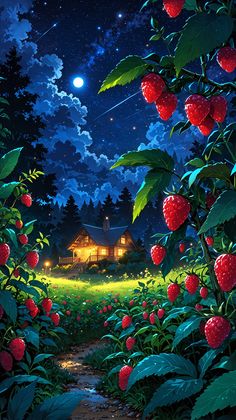 A vibrant animation featuring a scenic strawberry field, with lush greenery and ripe strawberries in the moon light. Cartoon Scenery, Indie Animation, 2000 Wallpaper, Strawberry Aesthetic, Paris Wallpaper, Environment Art, Art Gallery Wallpaper