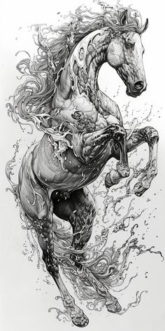 a black and white drawing of a horse with water splashing on it's back