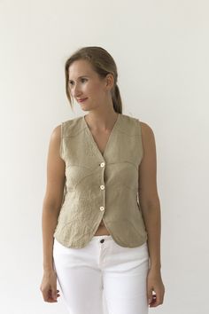 Vintage Waistcoat Linen Shirt Avant Garde Embroidered Top French Workwear Linen Vest Spring Button-up Flax Tops, Summer Beige Vest With Buttons, Vintage Beige Linen Blouse, Sleeveless Linen Top With Buttons, Summer Tops In Flax Color With Buttons, Spring Flax Tops With Buttons, Spring Flax Top With Buttons, Spring Beige Tops With Buttons, Vintage Linen Button-up Tops