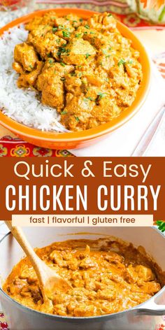 chicken curry in a pan with rice on the side and text overlay that reads quick & easy chicken curry