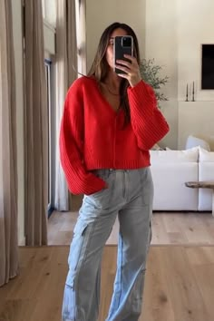 Red Sweatshirt And Jeans Outfit, Red Top And Jeans Outfit Classy, Red Shirt Jeans Outfit, Red 2023 Fashion, Red Knit Top Outfit, Red Sweater And Jeans Outfit, Bright Red Sweater Outfit, Red Top Jeans Outfit, Jeans And Red Top Outfit