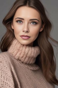 a woman with long brown hair wearing a turtle neck sweater and a pink knitted scarf