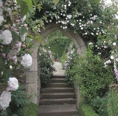 the steps lead up to an archway with white flowers growing on it and greenery