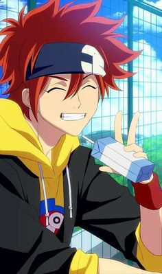 an anime character with red hair giving the peace sign