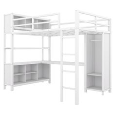 a white bunk bed with shelves underneath it