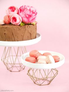 two plates with macaroons on them next to a chocolate cake and pink roses