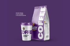 a coffee cup next to a bag of coffee on a purple background with the words coffe