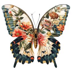 a butterfly with flowers painted on it's wings and wings spread out to the side