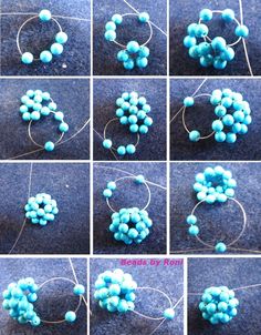 several pictures of blue beads being used to make an ornament