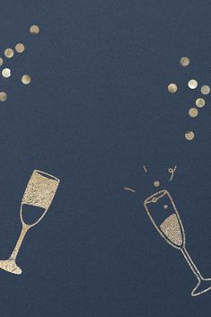 two champagne flutes with gold confetti falling from them on a dark blue background