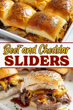 These gooey beef and cheddar sliders are bursting with flavor! Packed with tender beef, melty cheddar cheese, and a tasty BBQ sauce, they can't be topped! Sliders Beef And Cheddar, Beef N Cheddar Sliders, Arbys Beef And Cheddar Sliders, Beef And Cheddar Sandwich, Beef And Cheddar Sliders, Arbys Beef And Cheddar, Breakfast Crockpot, Beef And Cheddar, Sliders Recipes Hawaiian Rolls