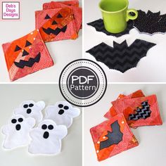 four pictures of halloween napkins with bats and pumpkins on them, along with the text free pattern