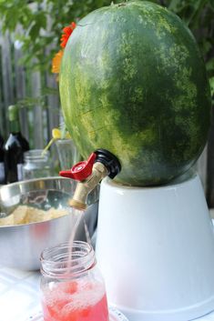 a large watermelon sitting on top of a blender