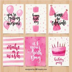 four birthday cards with pink and white designs