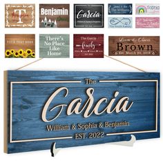 the personalized name sign is hanging on a wooden plaque with different colors and designs