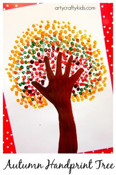 an image of a tree made out of handprints with the words autumn handprint tree on it