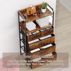 a wooden shelf with drawers and other items on it