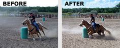 two pictures of a person riding a horse in an arena, and the same photo is before and after it has been cleaned