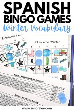 Spanish Winter Vocabulary Bingo Game with Pictures and Clues in Spanish and English Spanish Games