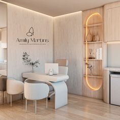 the interior of an empty restaurant with white furniture