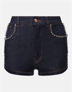 Dolce & Gabbana Crystal Embellished Denim shorts with huge trim and a leather patch logo golden plate. Golden Plate, Dark Denim Shorts, Embellished Denim, Leg Work, Leather Patches, Dolce & Gabbana, Dark Denim, Patch Logo, Casual Shorts