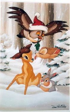 an animated christmas scene with deers and birds in the snow wearing santa's hats