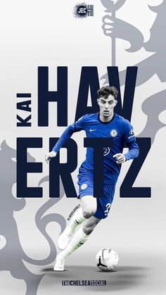 a man kicking a soccer ball on top of a white and blue background with the words hav eriz