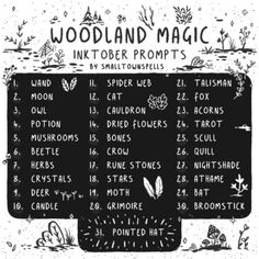 a black and white poster with the words woodland magic written in different languages on it