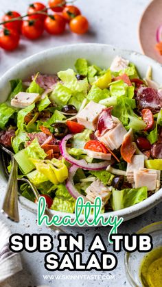 a salad in a white bowl with the words healthy sub in atub salad below it