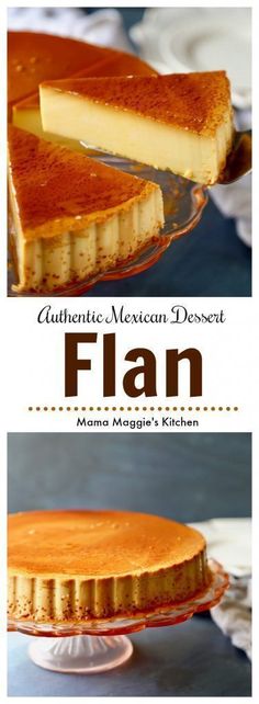 an image of a flan cake on a plate with the words authentic mexican dessert