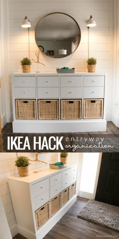 a white dresser with baskets on top and the words ikea hack in front of it