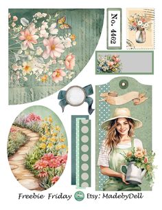 a collage of flowers and pictures with the words freebie friday on it's side