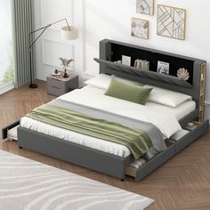 a bed with an open bookcase headboard in a white and gray bedroom setting