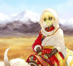 a woman sitting on top of a white dog in a field next to a mountain