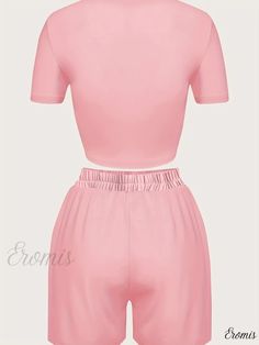 Eromis - Chic Letter Print Two-piece Set: Fashionable Short Sleeve Crop T-shirt & High Waist Elastic Shorts, Womens Stylish Apparel Elastic Shorts, Crop T Shirt, Shorts Womens, Fabric Collars, Knit Outfit, Clothing Size Chart, Womens Clothing Sizes, Crop Tshirt, Summer Essentials