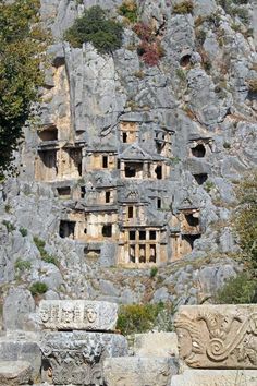 the rock formations are carved into the side of the mountain