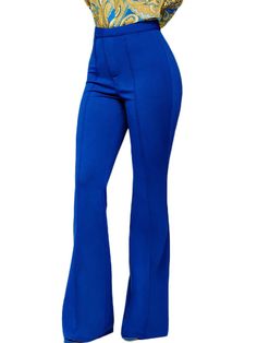 Material: Made of 81%-90% polyester and spandex. soft and comfortable.Features: High-waisted. flared pants. back hidden zipper. solid color. wide leg. office. Chic Blue Fitted Flares, Chic Stretch Blue Flares, Chic Blue Wide-leg Flares, Chic Blue Full-length Flares, Fitted Full Length Flare Jeans, High Waist Stretch Flare Jeans In Solid Color, High Waist Stretch Flare Jeans, Blue Flare Pants With Elastane, Blue Flare Pants For Work