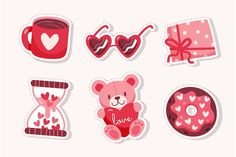 valentine's day stickers with hearts, coffee cup, heart shaped glasses and teddy bear