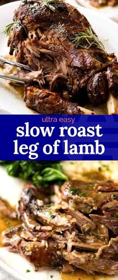 slow roast leg of lamb on a white plate