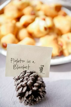 a small pine cone sitting on top of a table next to a plate of food