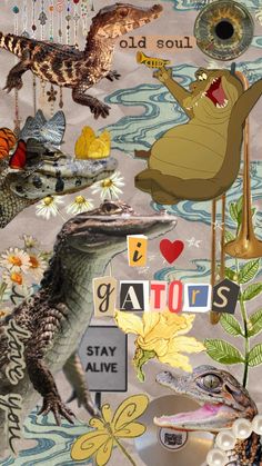 an image of alligators and other animals in the water with words that say stay alive