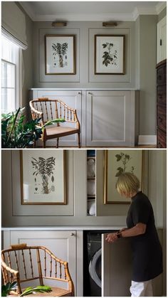 two pictures of a woman standing in front of a wall with paintings on the walls