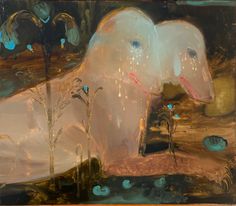 an abstract painting of a white bear in the woods