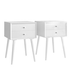 two white nightstands sitting next to each other