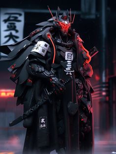 Neon Japan, Dynasty Warriors Characters, Futuristic Samurai, Samurai Design, Akira Kurosawa, Techwear Jacket, Warrior Concept Art, Android Design, Dark Fantasy Artwork