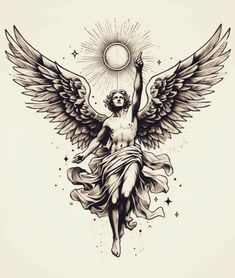 an angel with wings holding the sun above his head, and stars around its neck