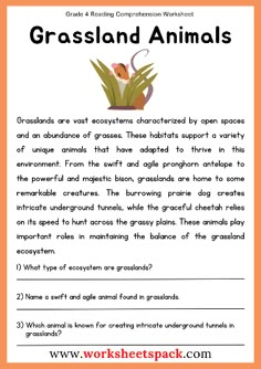 an animal worksheet with the words grassland animals