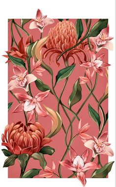 a pink floral wallpaper with flowers and leaves