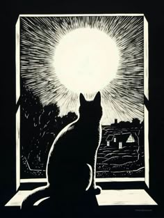 a black and white drawing of a cat sitting in front of a window looking at the sun