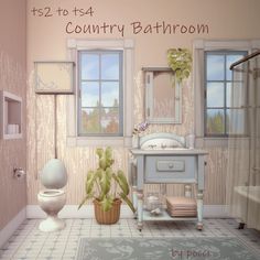 the bathroom is decorated in pastel colors and has a potted plant next to the toilet